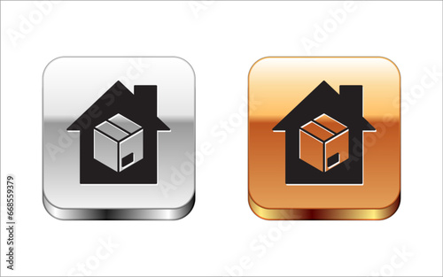 Black Home delivery services icon isolated on white background. Silver and gold square buttons. Vector