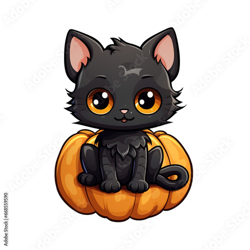 cute black cat sitting on pumpkin Halloween design isolated generative ai photo