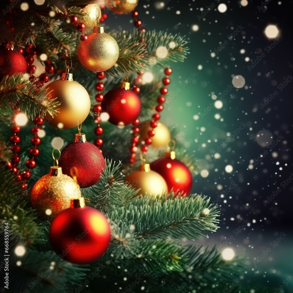 Christmas background design decoration with pine branches adorned with colorful balls with glittering lights. Christmas background design decoration with pine branches adorned with colorful balls with glittering lights.