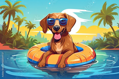 dog with sunglasses in swim ring beach background with palm trees illustration © krissikunterbunt