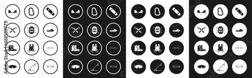 Set Skateboard trick, Rafting boat, Ski and sticks, park, Jet ski, Carabiner, Snowboard and Boots icon. Vector