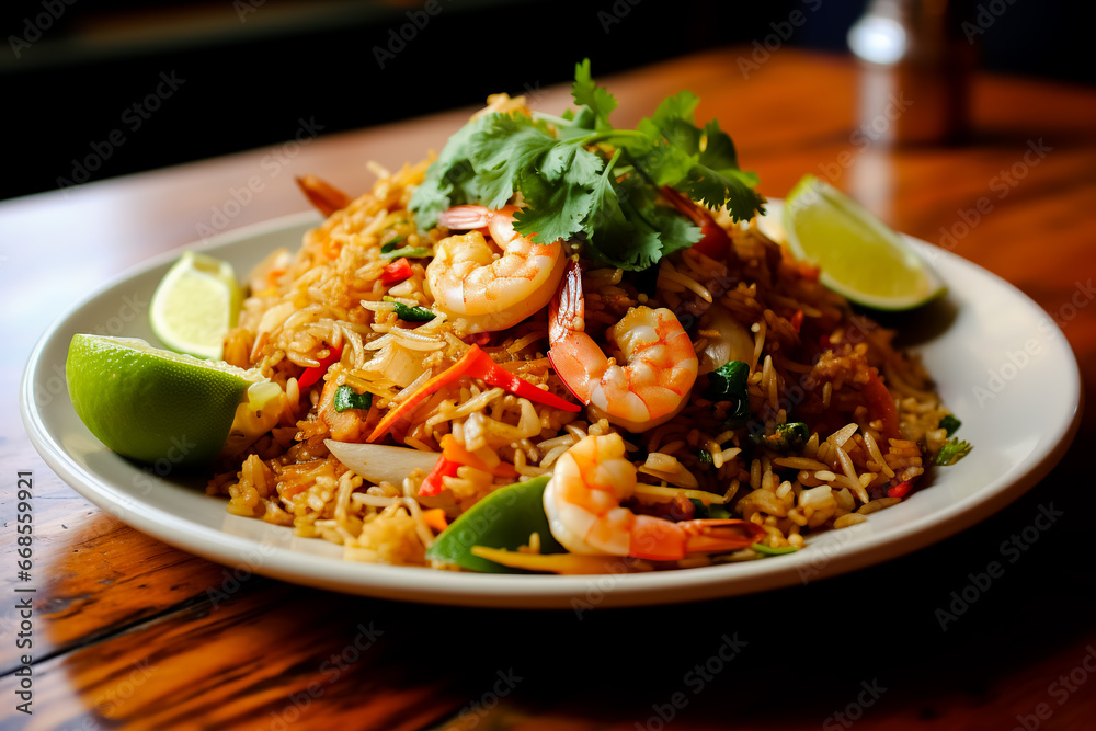 Khao Pad Thai-style fried rice. Traditional Thai dishes.