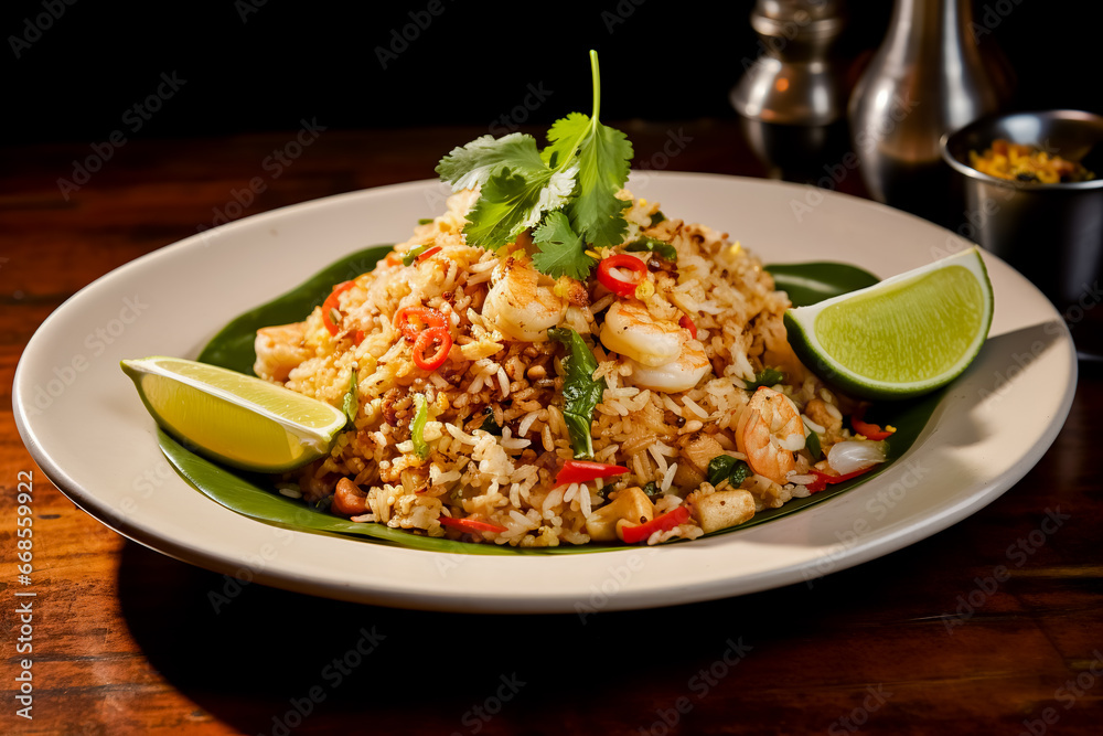Khao Pad Thai-style fried rice. Traditional Thai dishes.