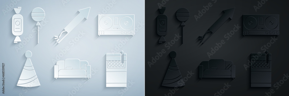 Set Sofa, DJ remote for playing and mixing music, Party hat, Open cigarettes pack box, Firework rocket and Lollipop icon. Vector Set Sofa, DJ remote for playing and mixing music, Party hat, Open cigarettes pack box, Firework rocket and Lollipop icon. Vector