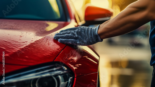 Man cleaning car with microfiber cloth. Car wash background.