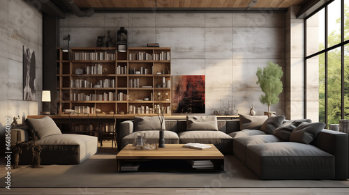 Step into an industrial-style loft living room  showcasing a stylish and contemporary interior with a sofa  wooden tables  and a striking concrete wall.