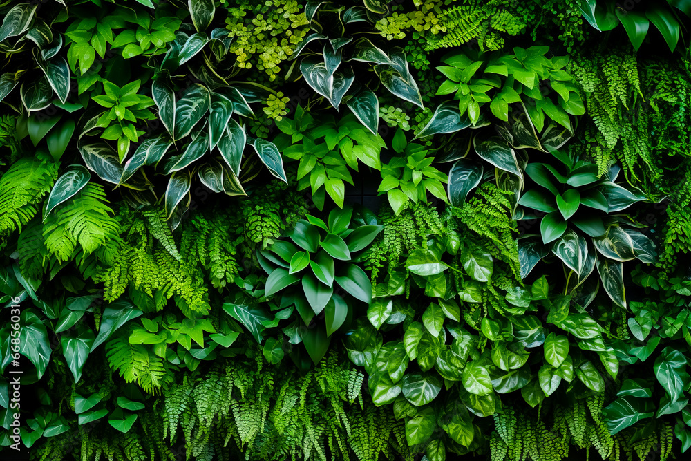 Plant wall natural green wallpaper and background. - obrazy, fototapety, plakaty 