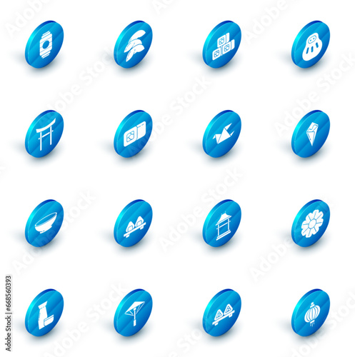 Set Chinese fortune cookie, Sushi, Maneki neko cat, Japan Gate, Bowl of hot soup, Temaki roll and Origami bird icon. Vector