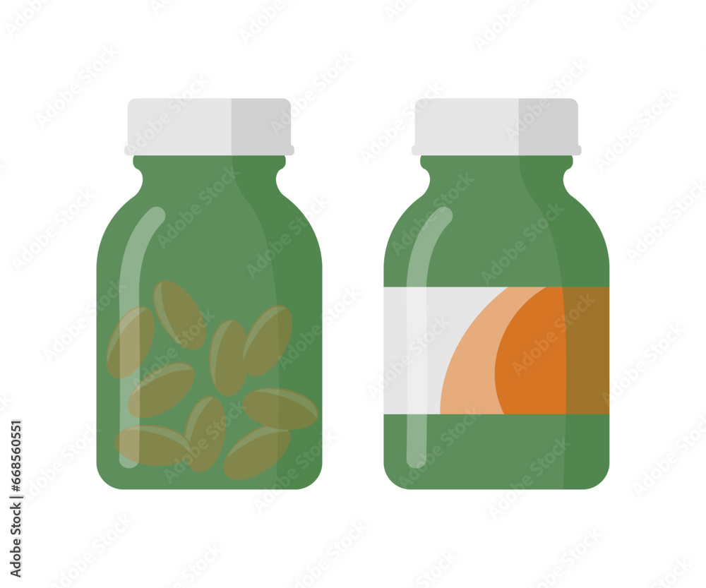 Green glass pill bottles, medicine or vitamin supplements containers. Green glass pill bottles, medicine or vitamin supplements containers.