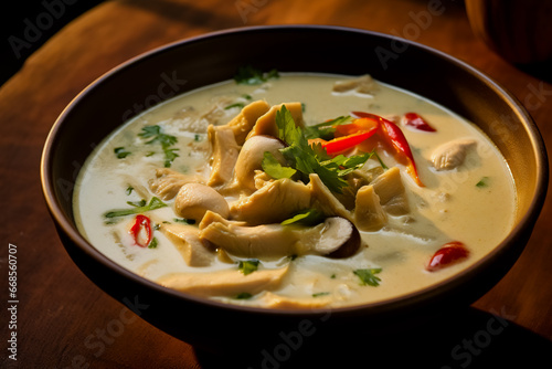 Tom Ka Gai Thai soup with coconut galangal and chicken. Traditional Thai dishes.