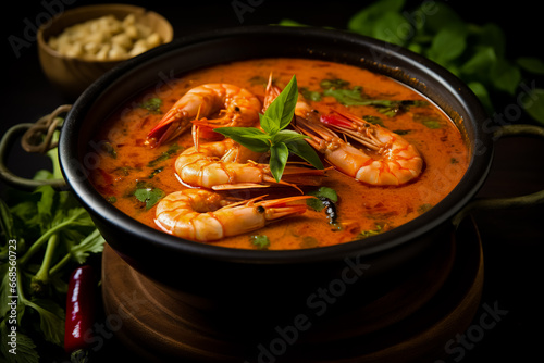 Tom Yam Gung spicy and sour shrimp soup. Traditional Thai dishes.