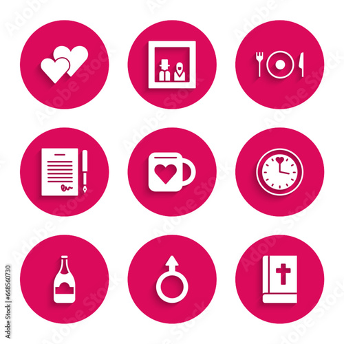 Set Coffee cup and heart, Male gender symbol, Holy bible book, Clock, Champagne bottle, Marriage contract, Plate, fork knife and Heart icon. Vector