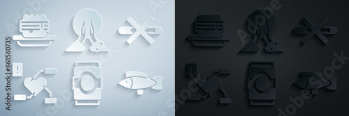 Set Soda can, No Smoking, Attention to health heart, Fish, Meditation and Junk food icon. Vector