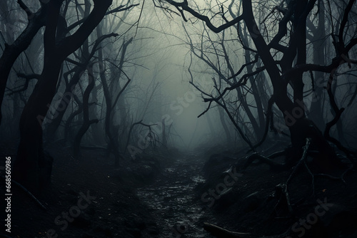 Misty forest in the evening. Spooky, Halloween concept. © erika8213