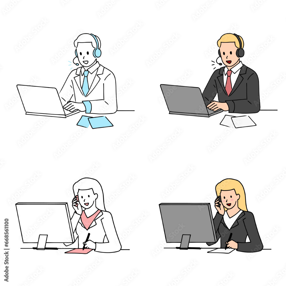 business person office worker customer services call center operator on phone call talking with client customer writing on paper with computer laptop headphone speaker microphone minimalism hand drawn business person office worker customer services call center operator on phone call talking with client customer writing on paper with computer laptop headphone speaker microphone minimalism hand drawn
