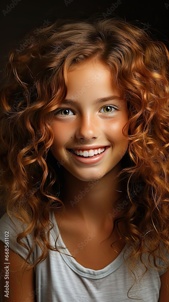 Close up head shot portrait image with smiling little brown-haired girl. Concept happy and beauty kid with good healthy teeth for dental on background. People portrait illustration. Generative AI Close up head shot portrait image with smiling little brown-haired girl. Concept happy and beauty kid with good healthy teeth for dental on background. People portrait illustration. Generative AI