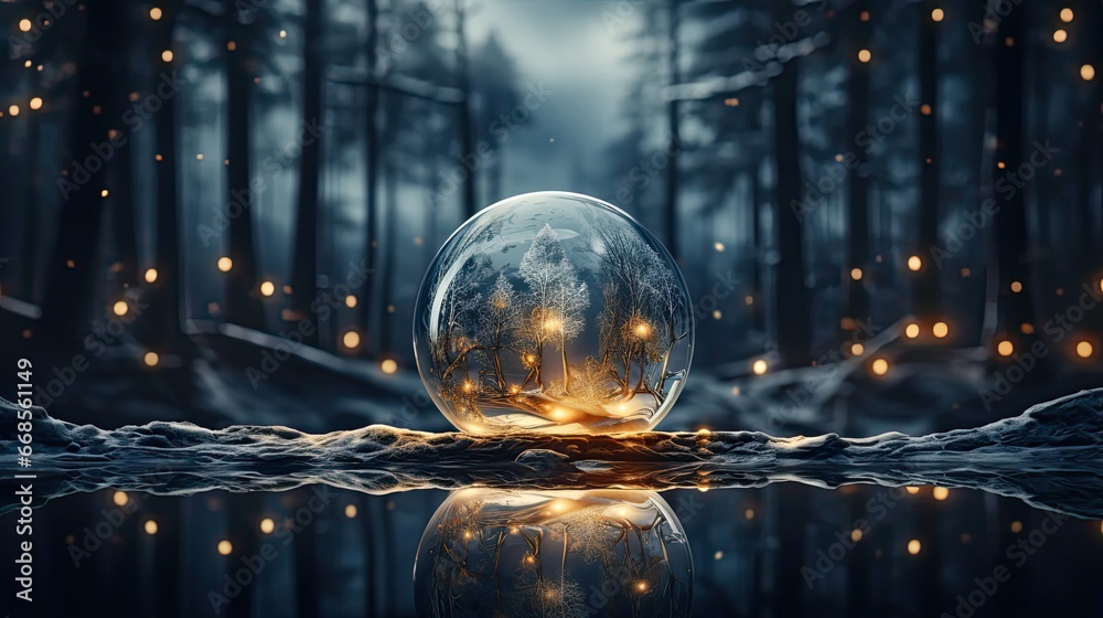 Empty snow globe, glass sphere 3d rendering. Christmas snow globe. Generative AI - obrazy, fototapety, plakaty 
