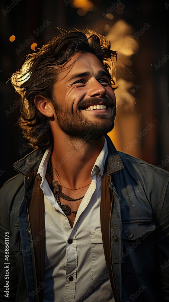 Portrait of young handsome man smiling outdoor. Man portrait illustration. Generative AI