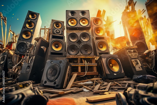 A bunch of speakers in a junkyard stacked on top of each.