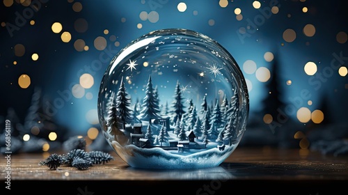 Frozen snow globe christmas magic ball with flying snowflakes. Winter Background. Christmas snow globe. Generative AI