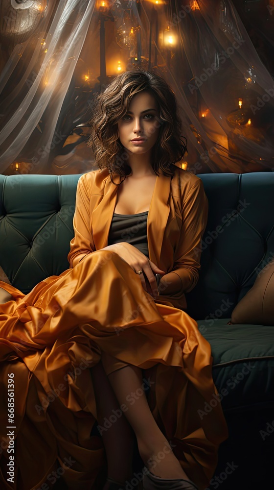 Sad woman sitting on a sofa in the living room. Sad emotion illustration. Generative AI Sad woman sitting on a sofa in the living room. Sad emotion illustration. Generative AI
