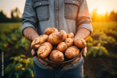 Close up of a farmer holding potatoes in hands at sunset.