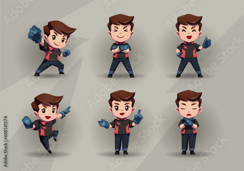 set of man mascot cartoon character in red black uniform