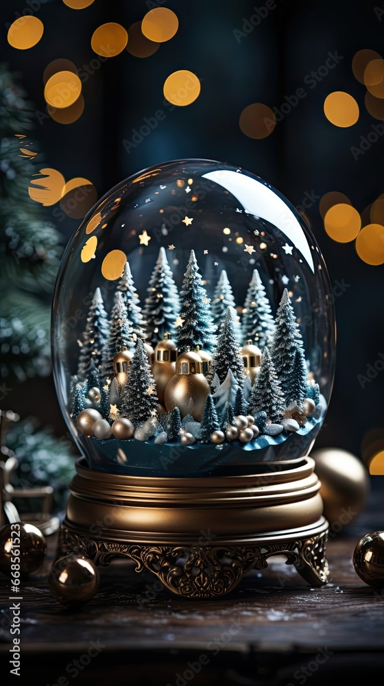 Beautiful Christmas snow globe and festive decor. Christmas snow globe. Generative AI Beautiful Christmas snow globe and festive decor. Christmas snow globe. Generative AI