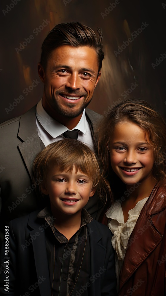 Young family with children holding a picture of a mouth smiling on a gray background. Smile emotion illustration. Generative AI Young family with children holding a picture of a mouth smiling on a gray background. Smile emotion illustration. Generative AI