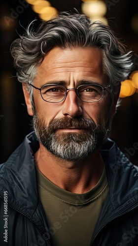 Portrait of happy mature man wearing spectacles and looking at camera outdoor. Man with beard and glasses feeling confident. Close up face of hispanic business man smiling. Generative AI art