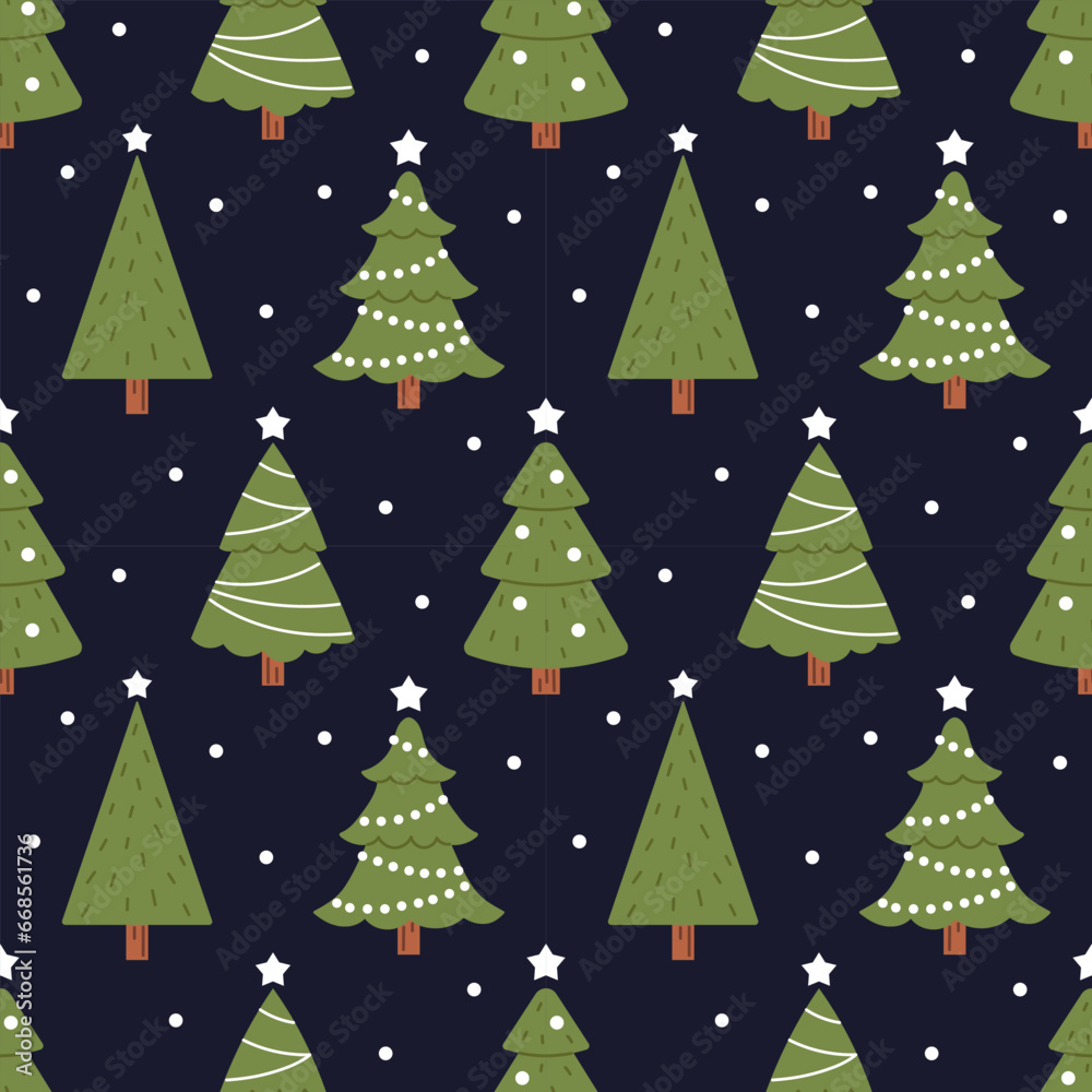 Vector seamless pattern with christmas trees. Snow and fir trees with garlands and balls on dark background. New Year and Christmas wrapping design.
