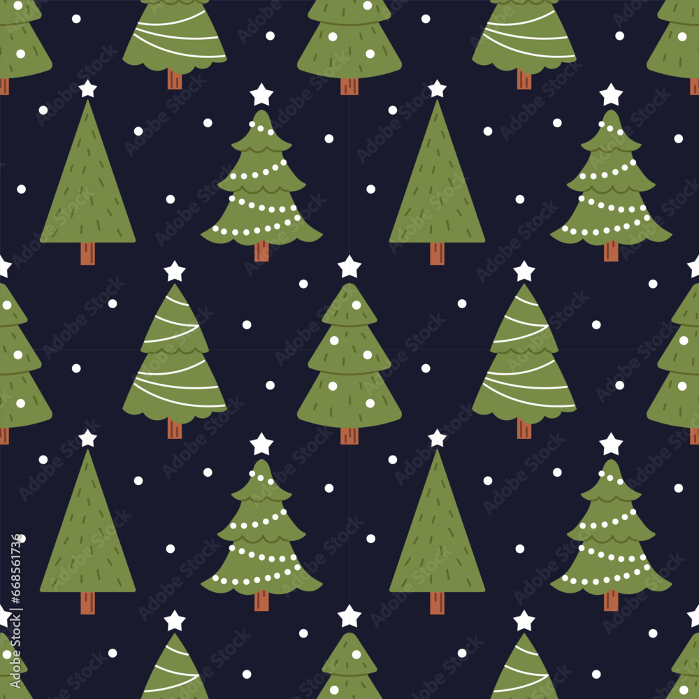 Vector seamless pattern with christmas trees. Snow and fir trees with garlands and balls on dark background. New Year and Christmas wrapping design. Vector seamless pattern with christmas trees. Snow and fir trees with garlands and balls on dark background. New Year and Christmas wrapping design.