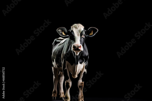 Black and white cow standing on black background.