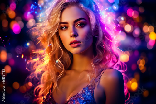 Beautiful young woman with bright makeup and bright lights.