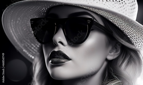 Black and white photo of young beautiful woman wearing glasses and hat.