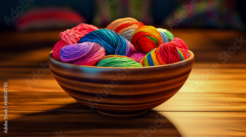 Bowl filled with colorful yarn on top of wooden table.