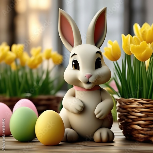 Easter bunny, eggs and flowers. illustration in 3D style.