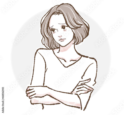 悩む/考える/うーん/落ち込む/腕を組む/不満/悲しい/しょんぼり/悩み/残念/どうしよう/凹む/悩み事/女性のイラスト素材（ベクター / jpg / png )