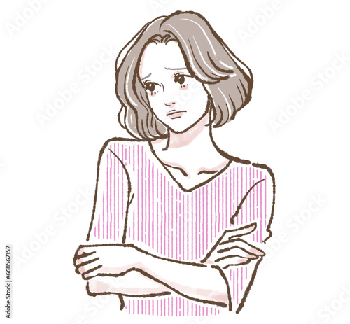 悩む/考える/うーん/落ち込む/腕を組む/不満/悲しい/しょんぼり/悩み/残念/どうしよう/凹む/悩み事/女性のイラスト素材（ベクター / jpg / png )
