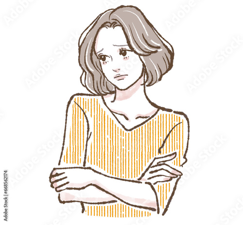 悩む/考える/うーん/落ち込む/腕を組む/不満/悲しい/しょんぼり/悩み/残念/どうしよう/凹む/悩み事/女性のイラスト素材（ベクター / jpg / png )