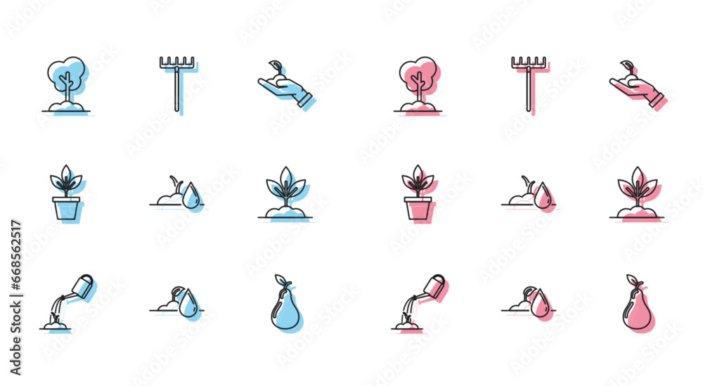 Set line Watering can with water, sprout, Tree the ground, Pear, Plant, Flowers pot and Garden rake icon. Vector