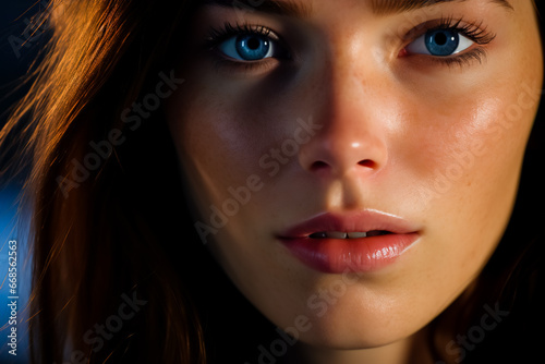 Close up of woman's face with brown hair and blue eyes.
