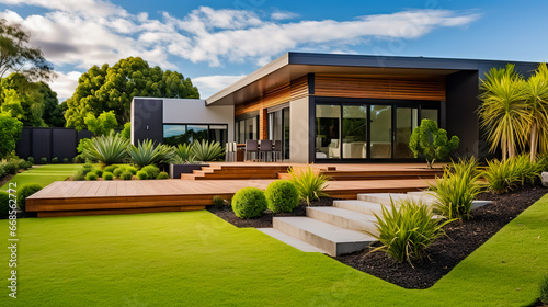 Contemporary lawn turf with landscaping in front yard. © leo_nik
