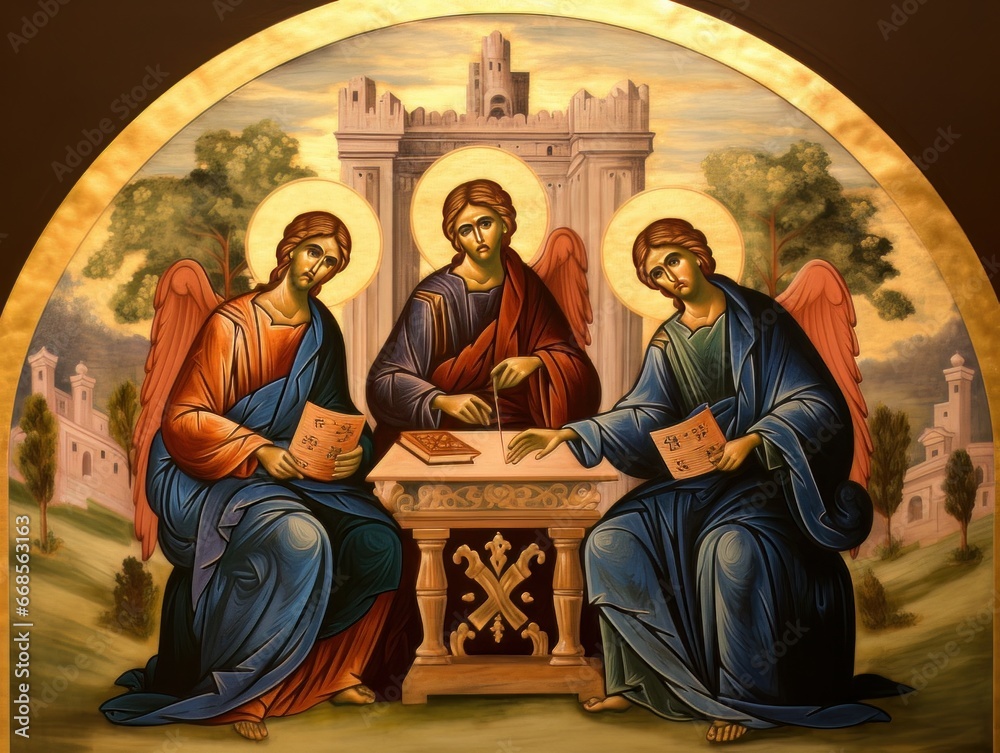 Orthodox icon The Old Testament Trinity style, oil illustration AI