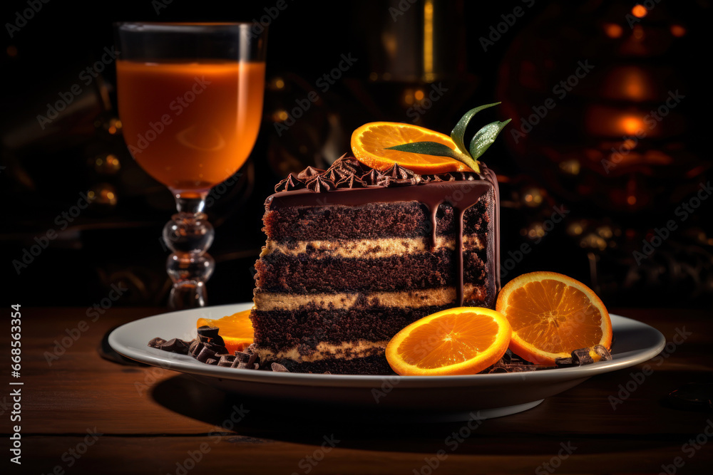 Chocolate cake with orange on a wooden table. Chocolate cake with orange on a wooden table.