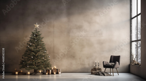 Christmas in a warm studio decorated with cement walls and a fireplace photo
