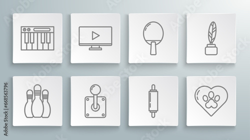 Set line Bowling pin, Online play video, Joystick for arcade machine, Rolling, Heart with animals footprint, Racket playing table tennis, Feather and inkwell and Music synthesizer icon. Vector