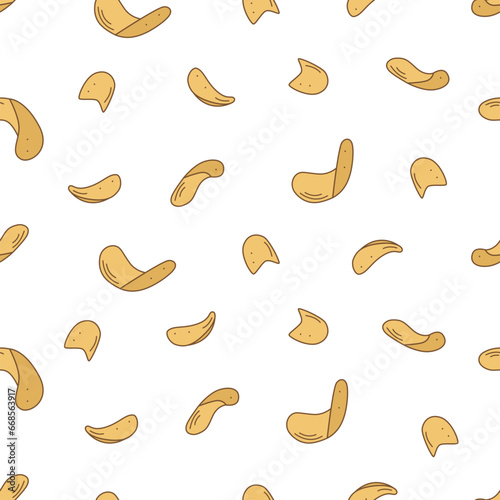 Seamless pattern Potato chips cartoon doodle vector. Vector illustration background of a crispy snack.