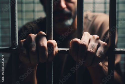 close up depth of field Man in prison his hands holding steel prison cage. criminals are locked in prison