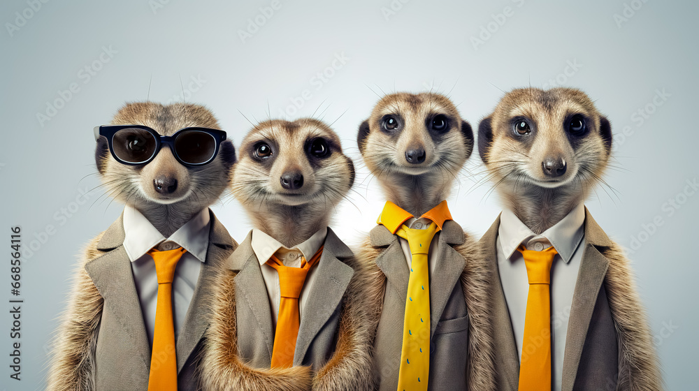 Group of meerkats in tie on white background.